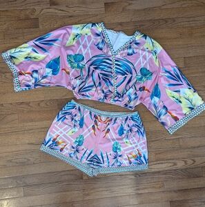 Tropical Pink and Blue Leaf Print Set